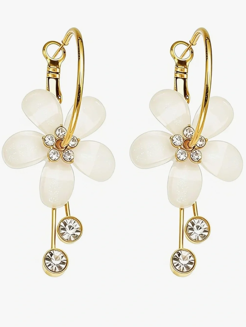 Floral Anthropologie Gold Hoop Earrings with Cream Charms and Crystal Drops